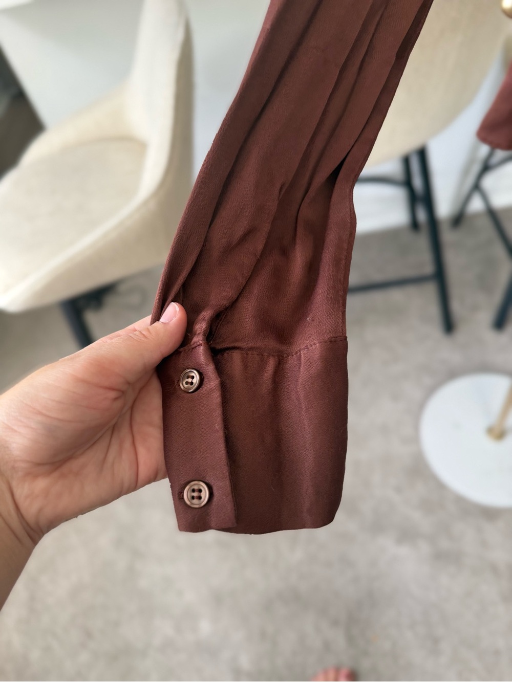 Zara Satin-Look Rust Button-Front Ruched Shirt - Picture 3 of 3